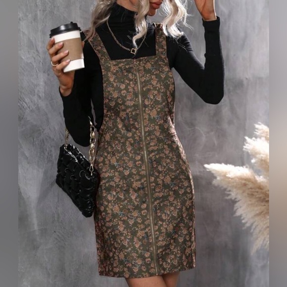 Floral Print Zip Up Corduroy Overall Dress - Picture 2 of 8